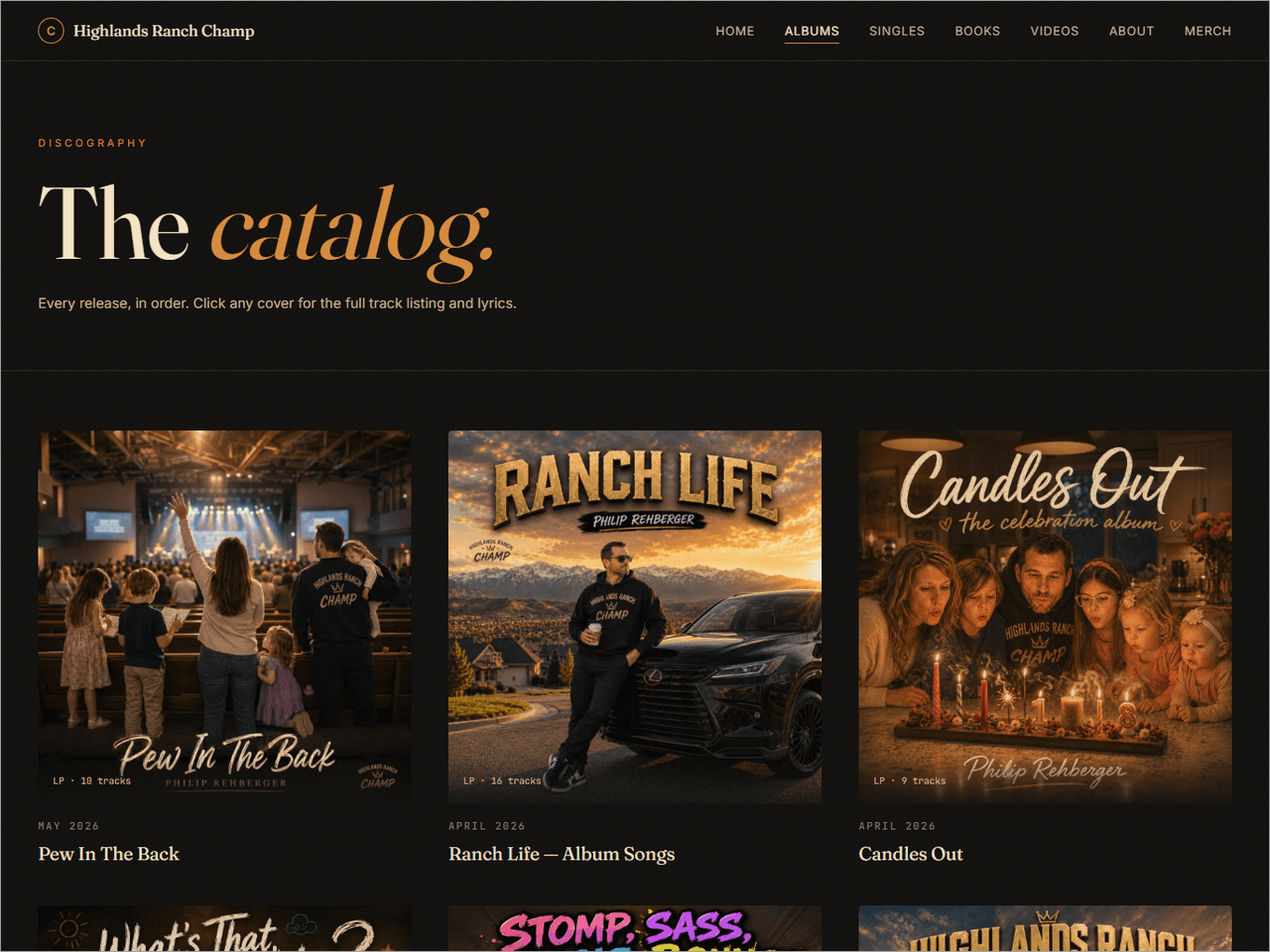 Consumer-facing artist platform with a persistent music player that survives client-side route transitions and an in-browser book reader with word-level synced narration.