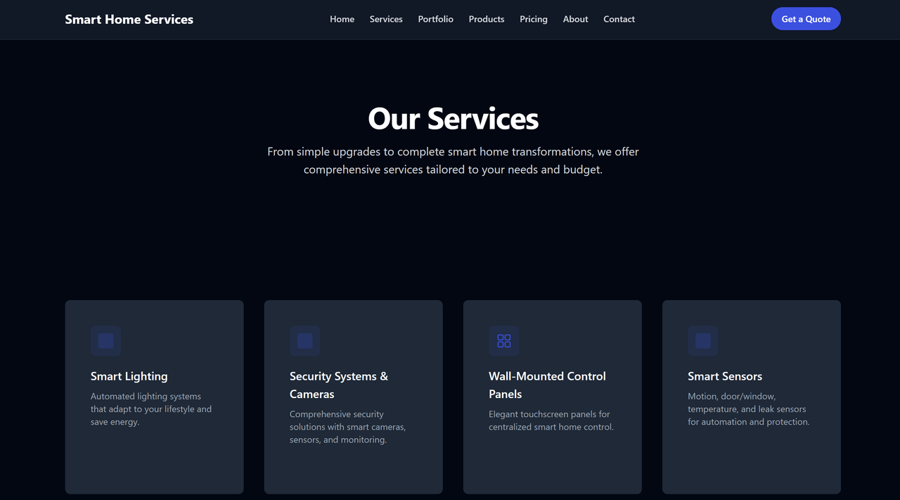Professional business website for smart home automation design, installation, and support services.