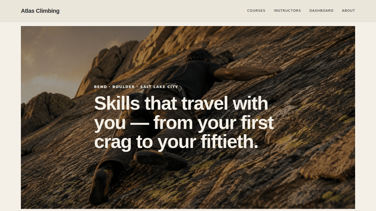 WordPress LMS demo for a fictional small-chain climbing gym (Bend / Boulder / Salt Lake) selling online courses — three courses with progress tracking, instructor profiles, student dashboard, certificate flow, all on Tutor LMS Free theme...