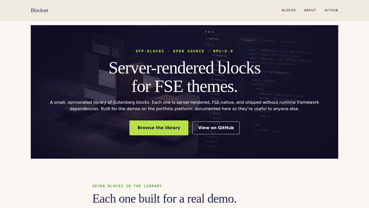 Public docs site for an open-source WordPress block library — every block has a live demo, attribute table, code example, and GitHub link.