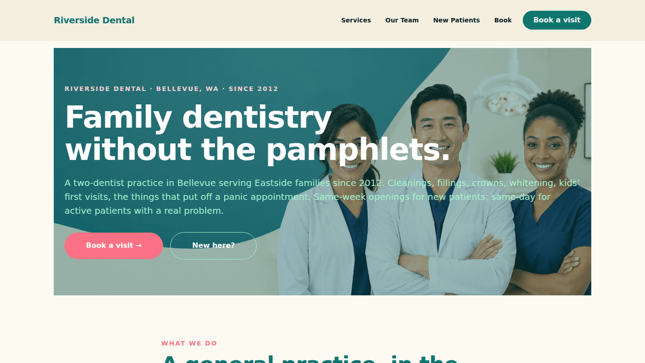 WordPress healthcare demo for a fictional Bellevue family dentistry practice — service categories with honest cost ranges, named four-person team, new-patient logistics, and a book page that treats the schedule as a person-first conversa...