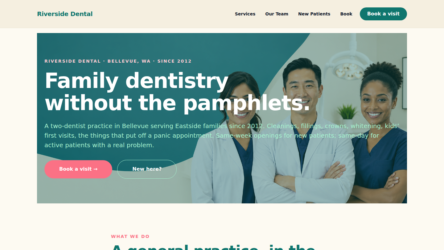 WordPress healthcare demo for a fictional Bellevue family dentistry practice — service categories with honest cost ranges, named four-person team, new-patient logistics, and a book page that treats the schedule as a person-first conversa... — preview of a ScopeForged-built site