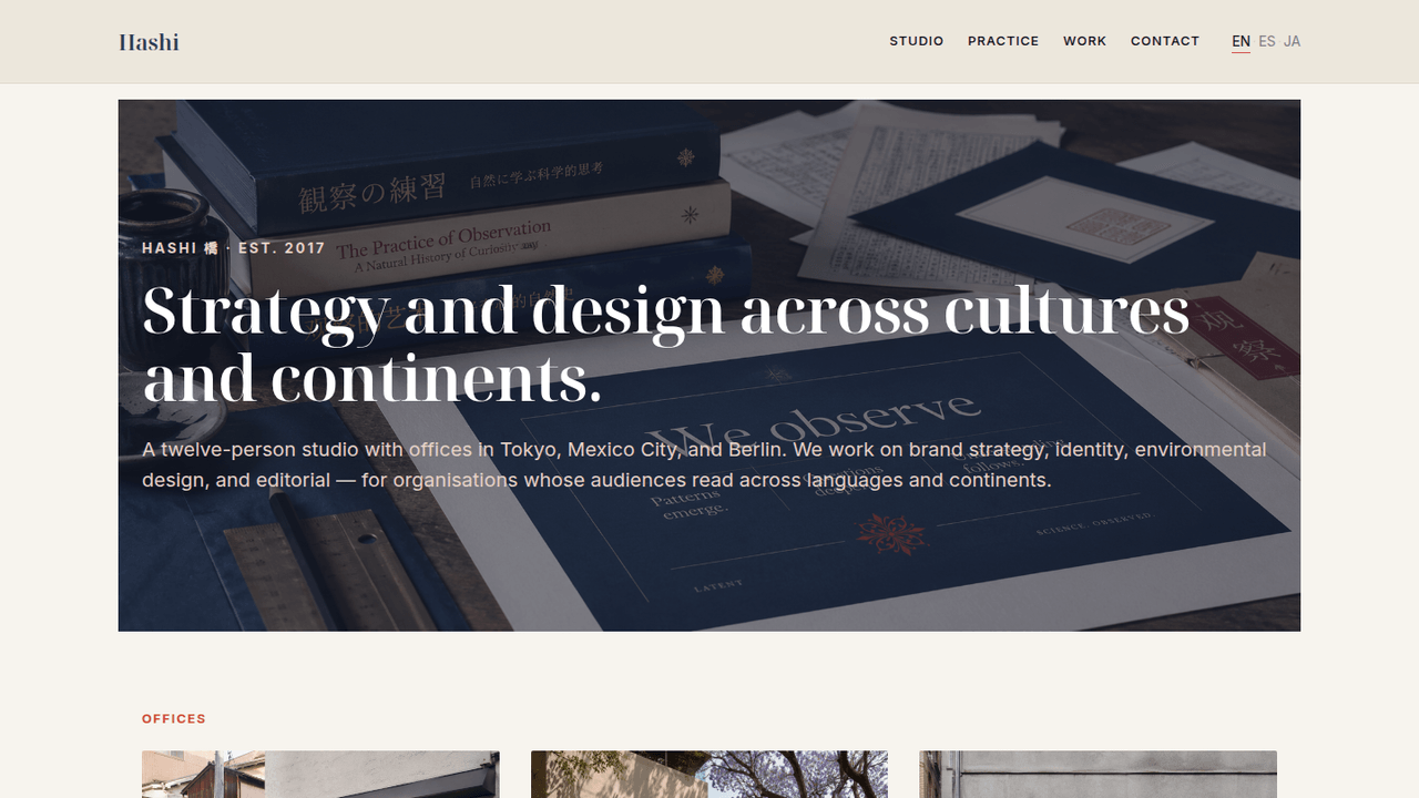 Multilingual WordPress demo for a fictional cross-border design consultancy (Tokyo / Mexico City / Berlin) — EN / ES / JA via Polylang free, locale-symmetric URLs with genuine Unicode slugs (`/ja/サービス/`), hreflang on every translated pag...