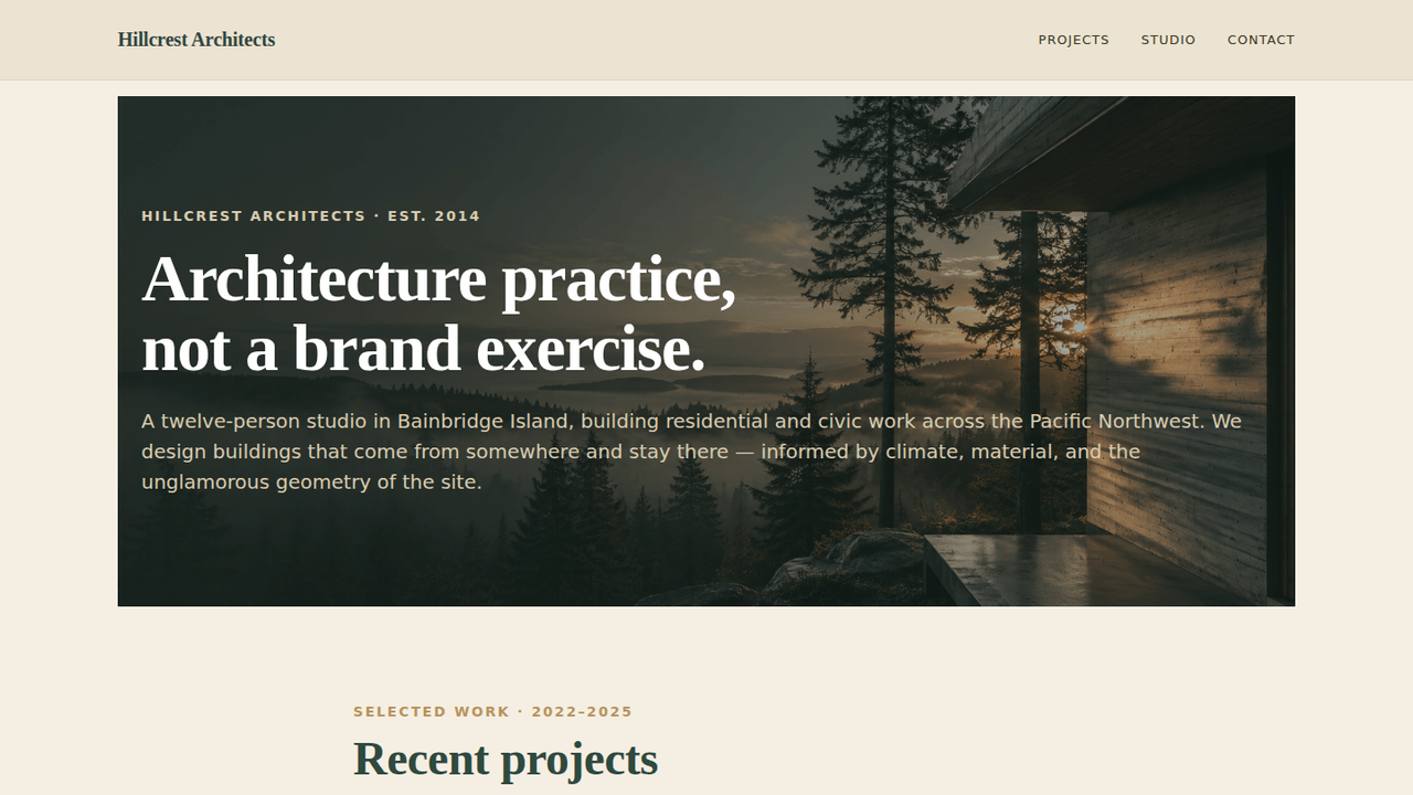 Multi-page WordPress portfolio for a fictional PNW architecture firm with a custom CSS Grid masonry block — server-rendered, per-item size, zero JavaScript library.