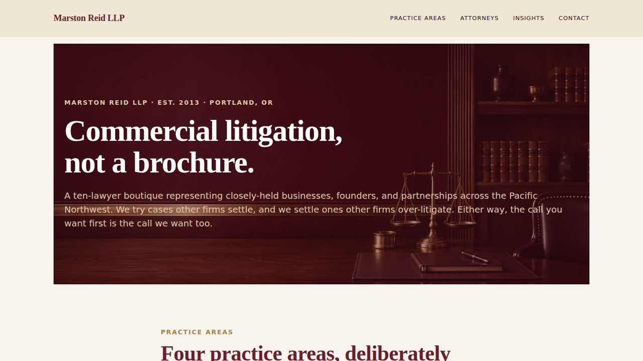 WordPress professional-services demo for a fictional PNW commercial litigation boutique — practice areas, an attorney roster with bar admissions, animated results bar, monthly insights stream.