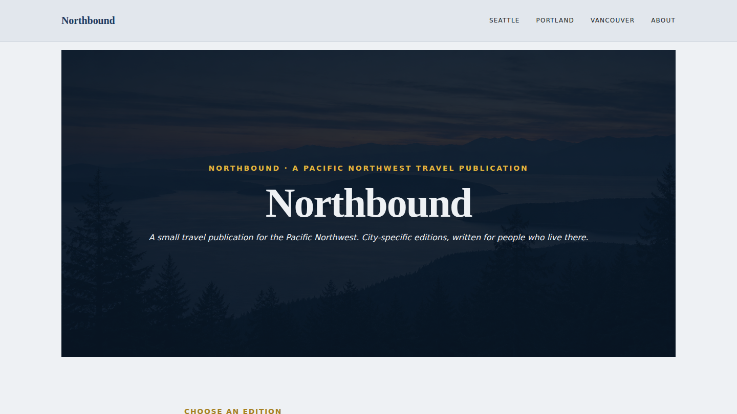 WordPress Multisite (subdirectory) demo for a fictional PNW travel publication — one install, one TLS cert, one A record, four sites with their own content and admin. — preview of a ScopeForged-built site